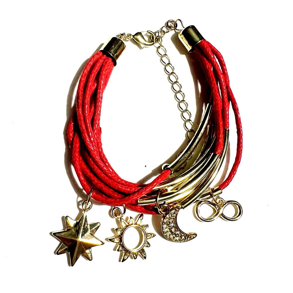 Multistrand Red Cord Charm Bracelet Gold Celestial Sun Moon Star Infinity Boho